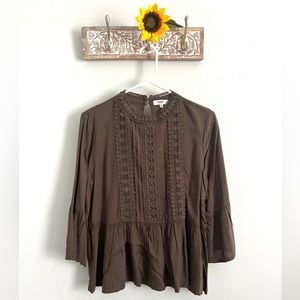 KENSIE JEANS WOMEN’S PEPLUM BELL SLEEVE EMBROIDERED TOP-OLIVE GREEN-SIZE MEDIUM